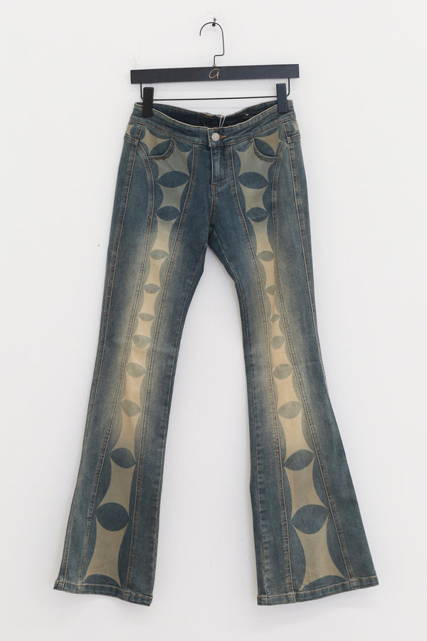 RUI built 25 autumn and winter G waist print denim flared casual pants A25WV21 Grey Blue